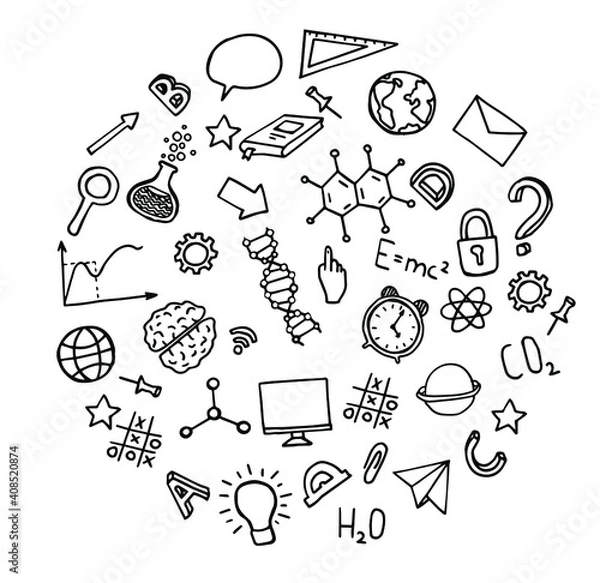 Obraz Vector set of school characters. Physics, chemistry, biology, geography, mathematics and other school subjects. Science elements are drawn with a line. Icons for children and students