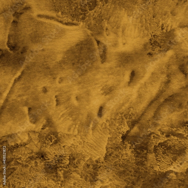 Fototapeta Gold ink and watercolor texture on white paper background. Paint leaks and decalcomania effects. Hand-painted gouache abstract image. Mess on the canvas.