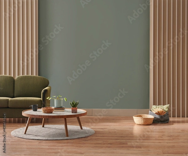 Obraz Green wall background, minimalist sofa, marble pattern wooden sofa, grey carpet, poster, lamp and frame.