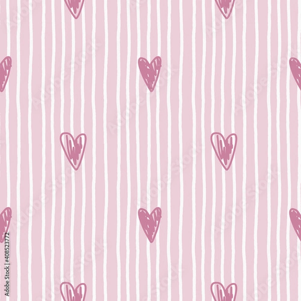 Fototapeta Pink seamless pattern with hand drawn doodle hearts and white uneven stripes. Nursery cute background for kids room.