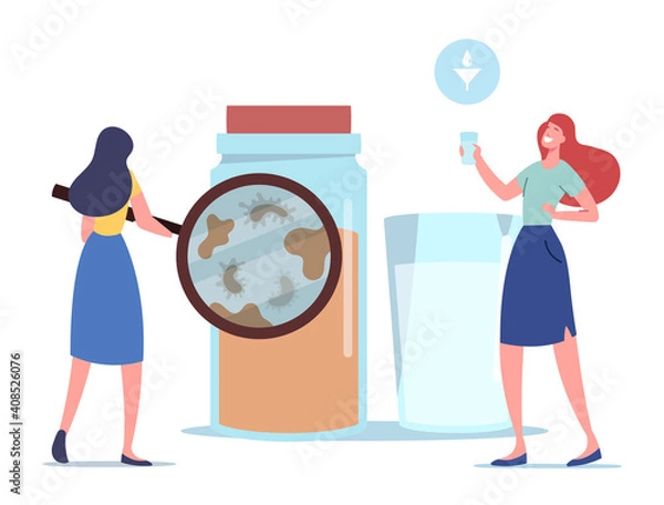 Fototapeta Waste, Water Filtering. Tiny Female Character Looking on Micro Organisms Living in Dirty Water through Huge Magnifier