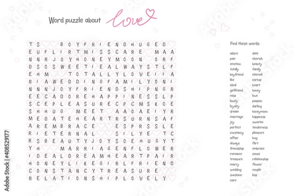 Fototapeta Valentine's day word puzzle crossword - find the listed words about love in the brain work puzzle. attentiveness test, riddle game in English. words are located forward and down