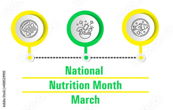 Fototapeta National Nutrition Month concept vector. Event is celebrated every March. Healthy and unhealthy food are shown. Sausage with pasta and mushrooms on a plate. Cauliflower, peppers, carrots