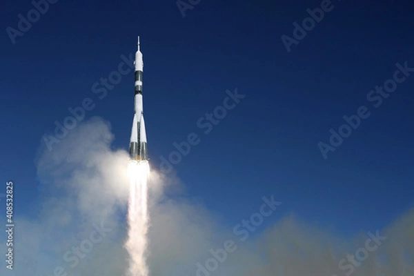 Fototapeta Launch of a space rocket into space. Against the background of the sky. Elements of this image were furnished by NASA.