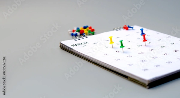 Fototapeta Calendar and scheduled appointments with pins.