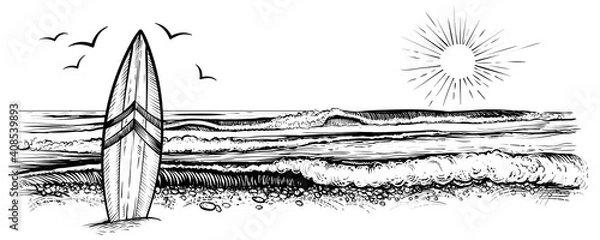 Obraz Surfing Beach Vector Landscape, Panorama View. Czarno -biała ilustracja w stylu w stylu vintage.
