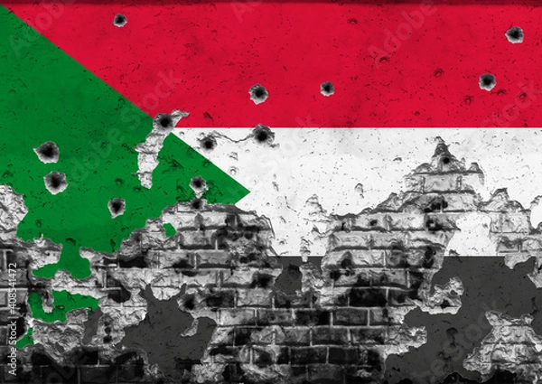 Fototapeta Concept of the Armed Conflict in Sudan with a painted flag on a cracked wall with wholes of bullets. 3D-Illustration. 3D-rendering