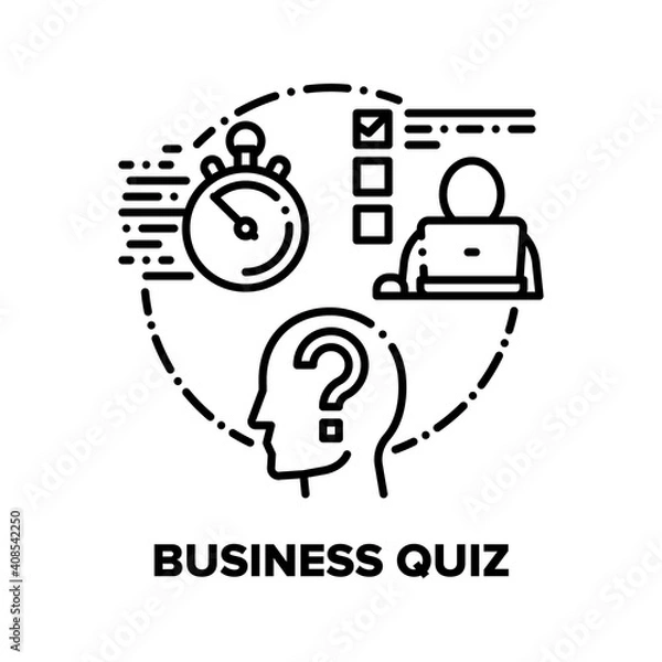 Fototapeta Business Quiz Vector Icon Concept. Businessman Having Question Quiz And Deadline For Solving Task, Searching Answer And Solution In Internet, Man Working With Laptop Black Illustration