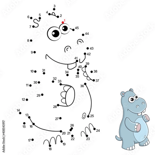 Fototapeta Dot to dot game with numbers and answer for kids. Connect the dots by numbers and finish the picture. Education Game and Coloring Page with cartoon cute Hippo character. Practice counting to 45.