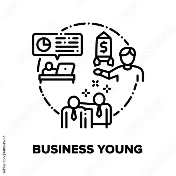Fototapeta Business Young Vector Icon Concept. Business Relationship Team Employees And Growth Result, Researching Company Results And Calculating Profit, Startup And Innovation Black Illustration
