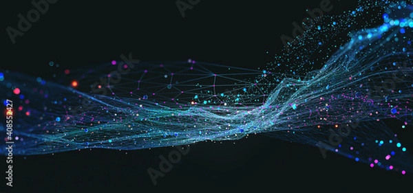 Fototapeta Koncepcja Big Data. Ilustracja 3D Blockchain. Fale informacyjne i globalna baza danych. Sieci neuronowe i sztuczna inteligencja. Streszczenie tła technologiczna