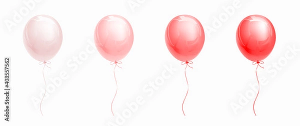 Fototapeta Red glossy helium balloons isolated on white. Set of ballons of different saturation from light pink to deep red. Decorations for holiday, birthday, anniversary, celebration