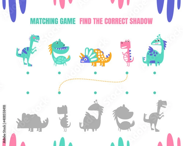 Fototapeta Find the Correct Shadow, Educational Matching Game for Kids with Cute Dinosaurs Vector illustration