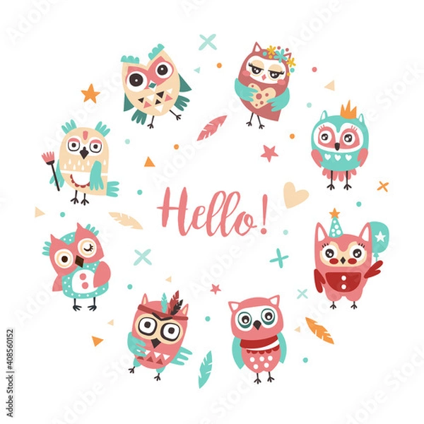 Fototapeta Hello Banner Template with Cute Colorful Hand Drawn Owlets, Poster, Invitation, Greeting Card, Flyer Design with Funny Owls Vector Illustration