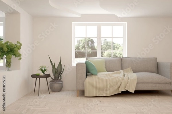 Fototapeta White living room with sofa. Scandinavian interior design. 3D illustration