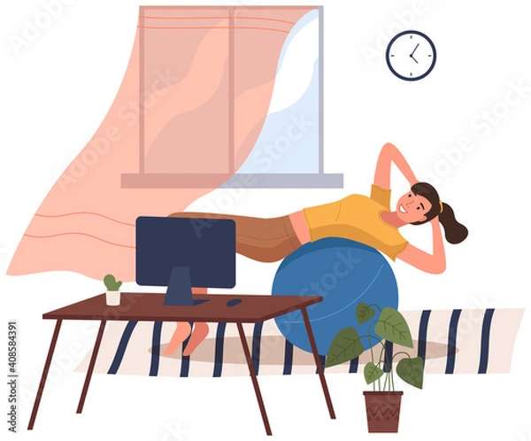 Fototapeta Woman doing fitness exercise at home by video tutorial on a computer. Young girl is engaged in pilates with a ball. Slim lady dressed in a sportive uniform in a flat style doing sports in living room