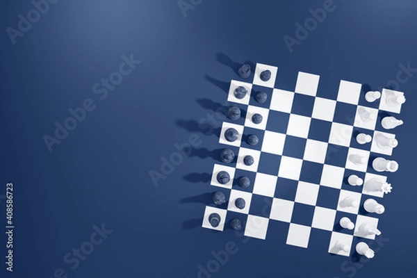 Fototapeta High angle view of chess board on blue background. 3D illustration