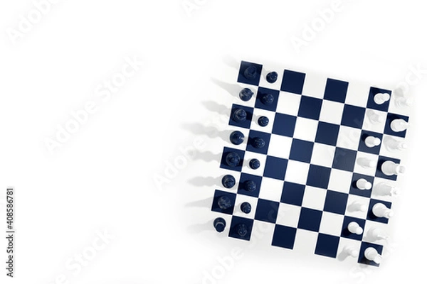 Fototapeta High angle view of chess board on white background. 3D illustration