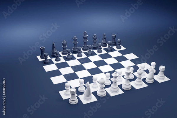 Fototapeta Blue and white chess board blending into blue background color. 3D illustration