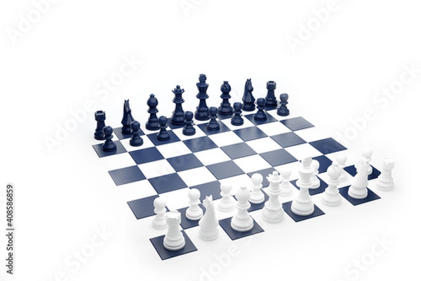 Fototapeta Blue and white chess board blending into white background color. 3D illustration