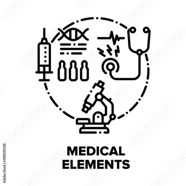 Fototapeta Medical Elements Vector Icon Concept. Laboratory Microscope, Medical Stethoscope And Syringe With Medicaments Medical Equipment For Examination, Testing And Health Care Black Illustration