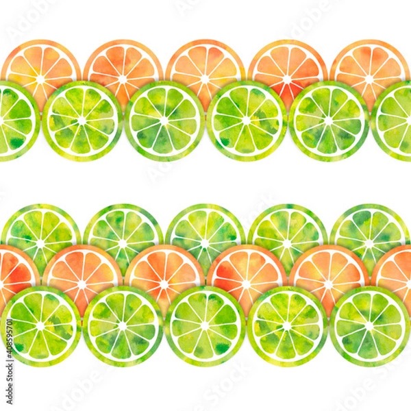 Fototapeta Watercolor slices of lime and orange. Seamless horizontal border. Isolated on white background. Watercolor stock illustration. Design for border,paper scotch tape, packing tape.