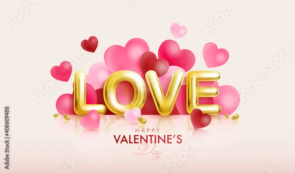 Fototapeta Happy Valentine's day design. Seasonal marketing design greeting card with golden love alphabet and heart shaped Balloons on pink background. 3D vector illustration