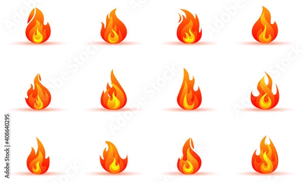 Fototapeta Flame forms and icons. Cartoon campfire different shapes isolated on a white background. Vector illustration