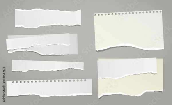 Fototapeta Set of torn white note, notebook paper pieces stuck on grey background. Vector illustration