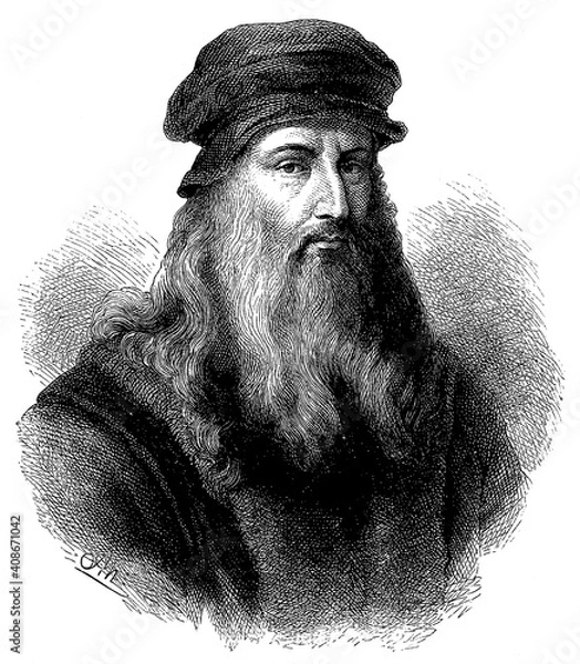 Fototapeta Portrait of Leonardo da Vinci - an Italian polymath of the High Renaissance. Illustration of the 19th century. Germany. White background.