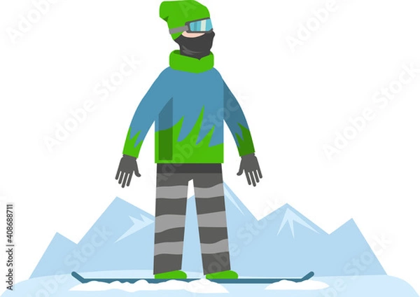 Fototapeta Active winter entertainment, winter sports, snowboarding. An outfitted snowboarder in a mask, goggles and a hat stands against the backdrop of mountain peaks. Flat infographics. Vector illustration..
