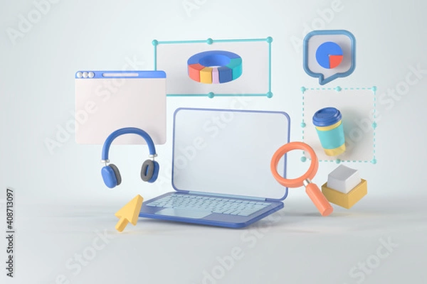 Fototapeta 3d rendering of laptop and infographic.