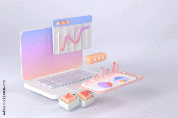 Fototapeta 3d rendering of laptop and infographic.
