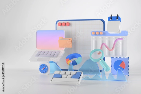 Fototapeta 3d rendering of laptop and infographic.