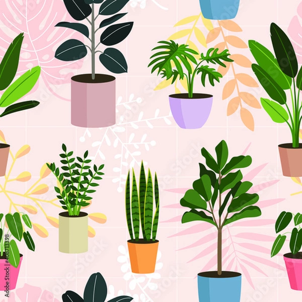 Obraz House Plants in Pots Seamless Pattern