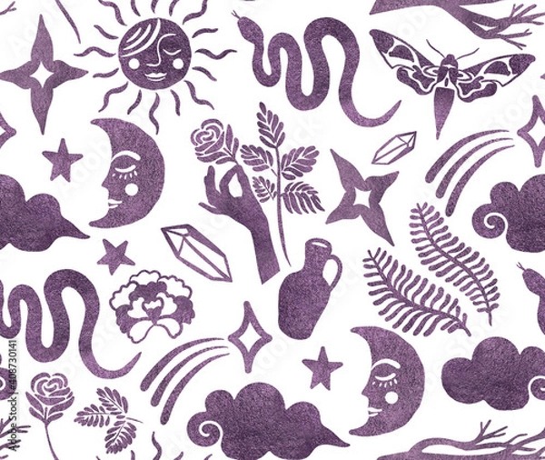 Fototapeta Seamless pattern with mystical and magic symbols. Stock illustration with snake, sun, moon, crystal, stars and rose