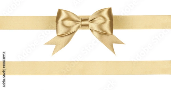 Obraz Gold satin ribbon fabric bow isolated on white background