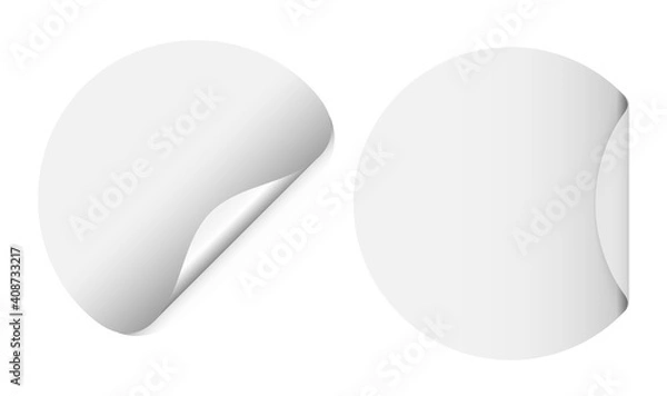 Obraz Round white sticker mockup. Circle stickers blank with curl corner, adhesive paper mock up. Circular post note sheet with fold, realistic sale sign element isolated. 3d banner template