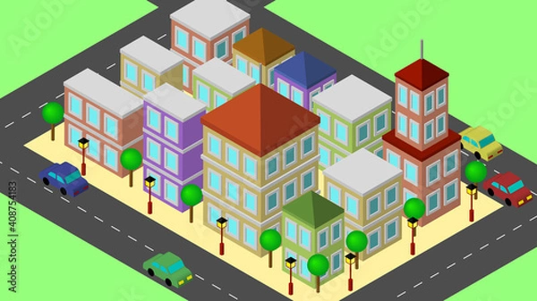 Obraz 街　家、ビル、道路、車