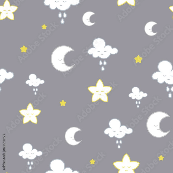 Fototapeta Vector clouds, moon and stars seamless pattern background