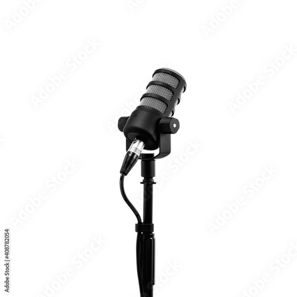 Obraz Podcast microphone on a tripod, a black metal dynamic microphone on an isolated white background, for recording podcast or radio program, show, sound and audio equipment, technology, product photo