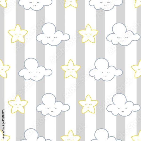 Fototapeta Vector clouds and stars on stripes seamless pattern background