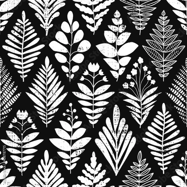 Fototapeta Abstract leaves background. Rhombus shape seamless pattern black and white. Monochrome vector illustration flowers and plants texture for fabric, home decor, wallpaper, wrapping