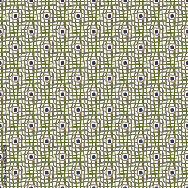 Obraz Vector Weave in Blue Green Brown with Blue Squares on White Background Seamless Repeat Pattern. Background for textiles, cards, manufacturing, wallpapers, print, gift wrap and scrapbooking.