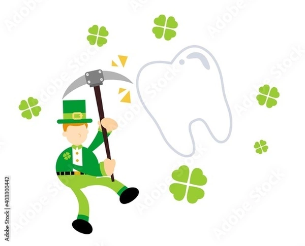 Obraz leprechaun shamrock celtic and mining tooth dental care cartoon doodle flat design style vector illustration