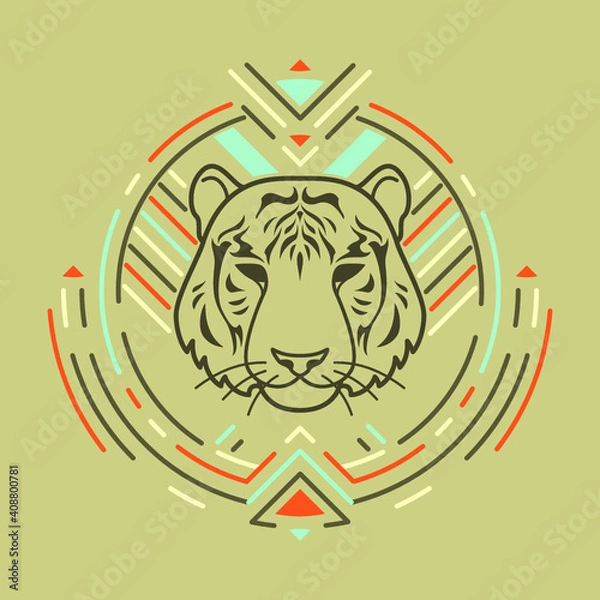 Obraz Tiger linear head in tribal frame.Vector colorful illustration in flat style