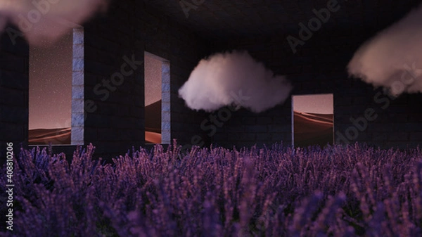 Fototapeta lavender garden clouds 3d rendering