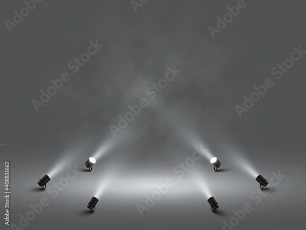 Obraz Spotlights with bright white light shining stage. Illuminated effect projector. Illustration of projector for studio. Vector illustration