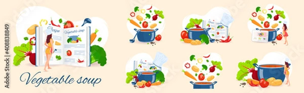 Fototapeta Set of cooking vegetable soup. Pan with soup, Chef, Recipe book and Vegetables. Recipes, homemade food, food preparation, learning concept. Vector illustration for flyer, poster, banner.