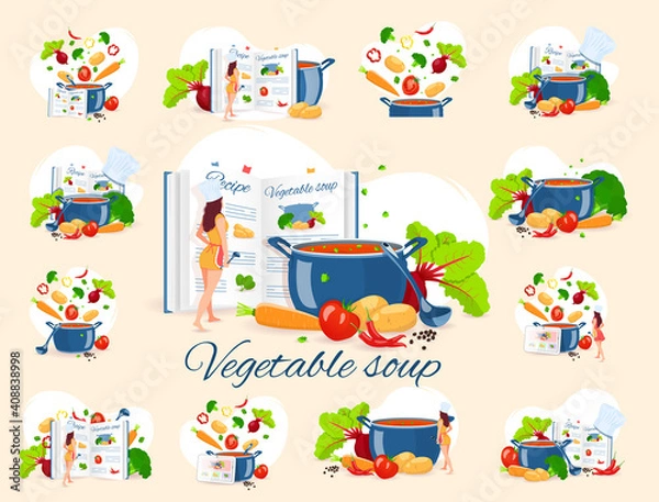 Obraz Set of cooking vegetable soup. Pan with soup, Chef, Recipe book and Vegetables. Recipes, homemade food, food preparation, learning concept. Vector illustration for flyer, poster, banner.
